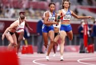Allyson Felix in the Women's 4 x 400m Relay Final at Tokyo Olympics (Photo by Ryan Pierse/Getty Images)